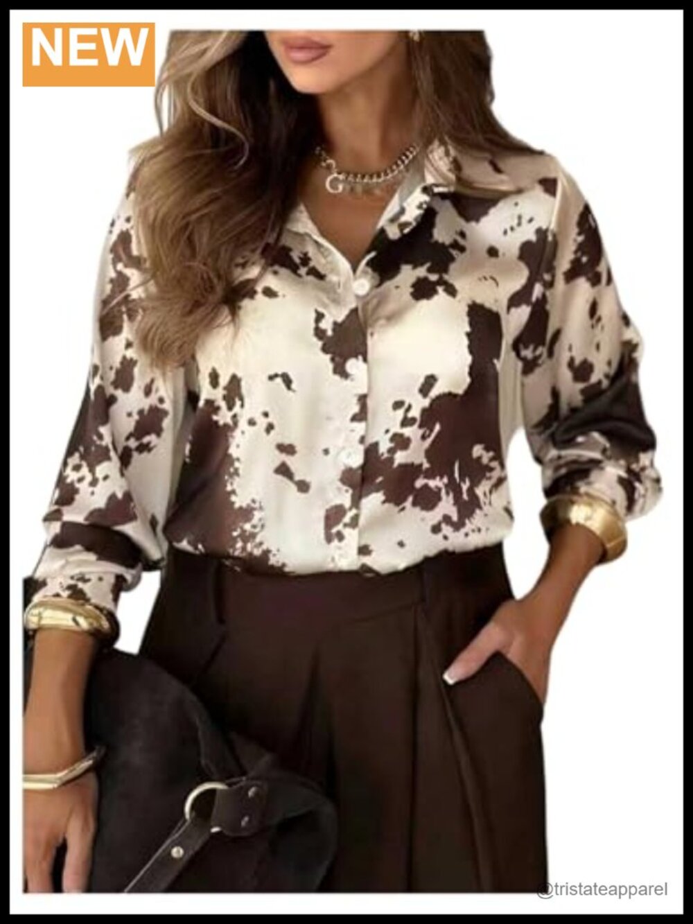 Cow Print Collared Button Up Blouse Long Sleeve Polyester Office Shirt Women's